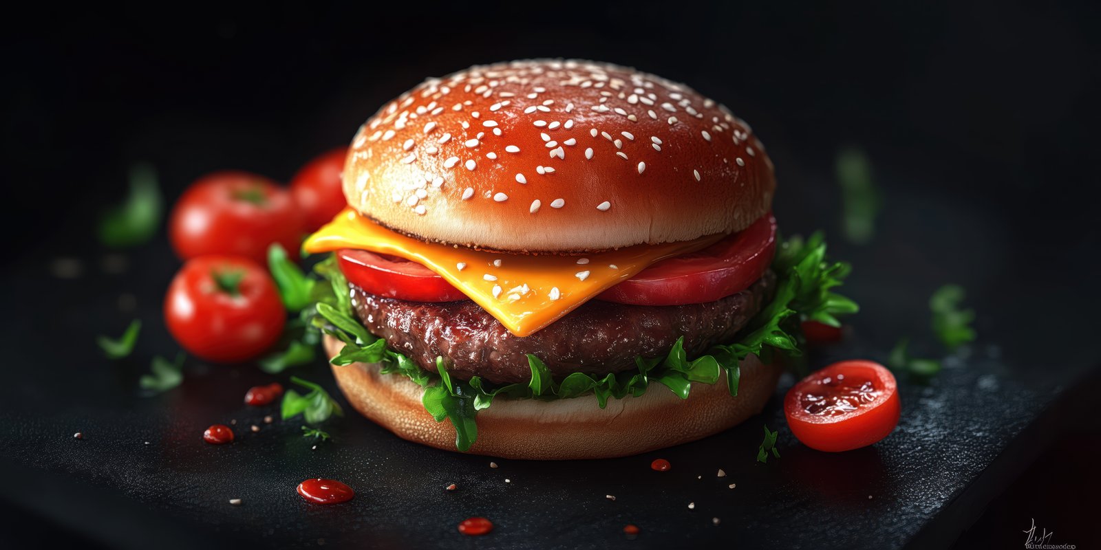 Delicious cheeseburger served on a dark countertop with fresh tomatoes and lettuce